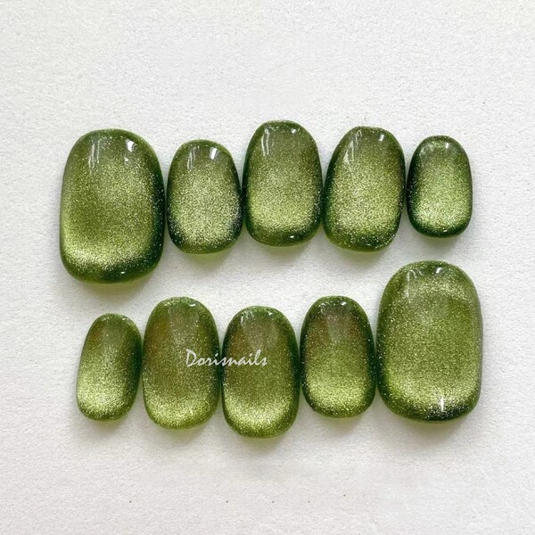 spring green shiny cat eye glitter classic green summer nails short press on nails handmade fake nails glossy trendy nails