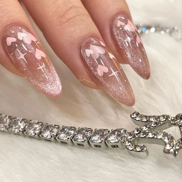 Valentine date Pink Cat eye glitter shiny gel nails trendy press on nails kawai press on nails valentine nails glossy fake nails