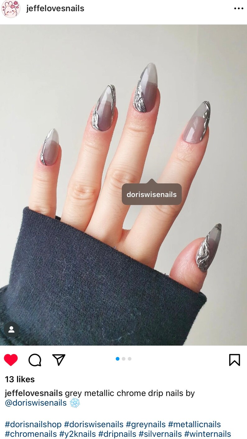 Melting Venom-Black Sliver shiny 90s Punk style matellic chrome-drip cool press on nail set y2k Long Stiletto fake nails-Dorisnails image 6