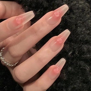 Pastel Pink 3D heart nails long nail press on nail cute handmade Sweet Gradient light pink fake nail set gel nail-Dorisnail image 5