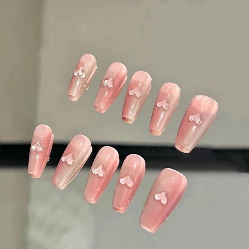 Pastel Pink 3D heart nails long nail press on nail cute handmade Sweet Gradient light pink fake nail set gel nail-Dorisnail image 2