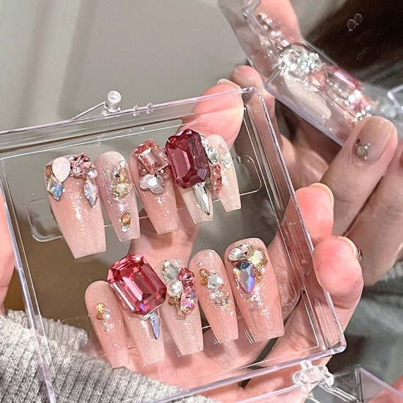  Outyua 3D Rhinstone Press on Nails with Designs Glitter Long  Fake Nails Coffin Ballerina Nude False Nails Acrylic Full Cover Designer  Nail for Women and Girls 24pcs (Shimmer) : Beauty 