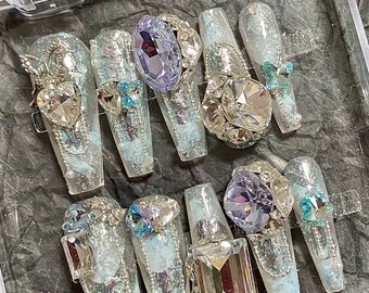 Luxe handgemaakte lichtblauwe vlinder edelsteen strass prachtige zilverfolie witte franse tip bruiloft bruid lange ballerina pers op nagels