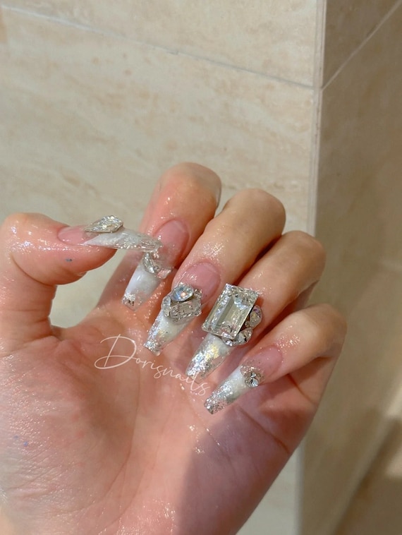 Glitter Diamond Nails Press on French Fake Nails Tips Charms Y2K