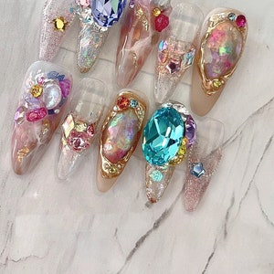 Gem Bible-rainbow Color 3D Diamond Luxury Press on Nails Gold - Etsy