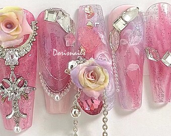 Pink Glitter ombre Watercolor nails Luxury Diamond Handmade floral rose press on nails Baby Pink french tip nails Cross decoration