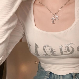 Double Cross alloy sliver Shiny Diamond y2k cool necklace Gold rhinestone accessories zdjęcie 6