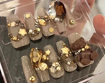 My teddy bear-Cute brown teddy bear decorated gold diamonds shiny cute nails brown glitter kawai luxury nails-Dorisnails