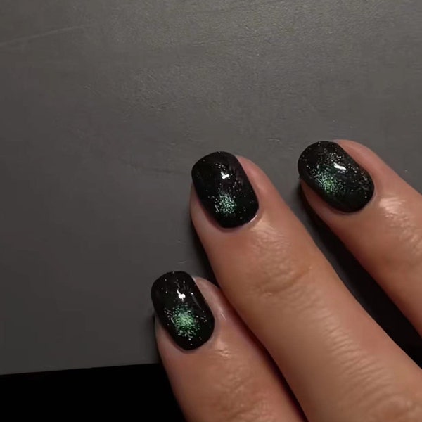 aurora tracing-shiny glitter black short nails short square press on nails-Dorisnails