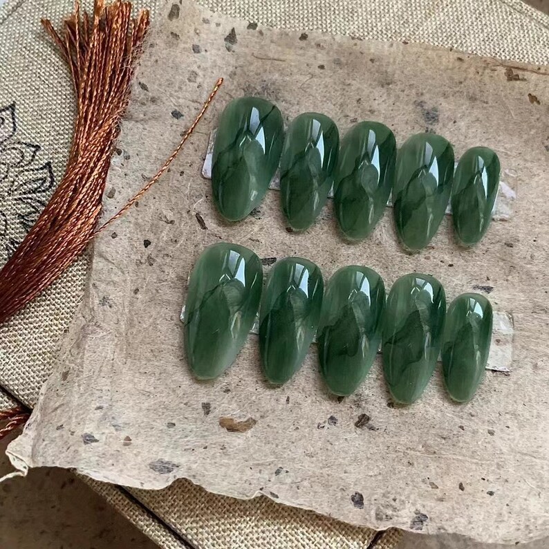 Emerald-green Watercolor Marble Omber Nails Classic Press on - Etsy