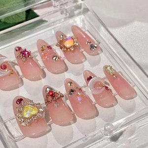 Sailor Moon Pastel Pink Rhinestone 3D Diamond Long Press on Nails ...