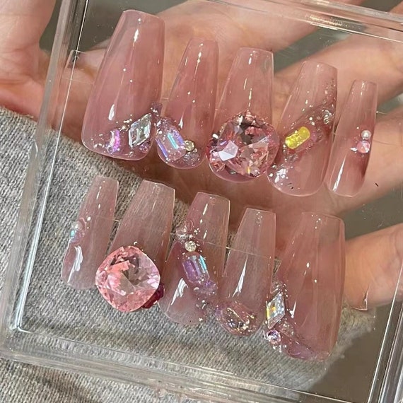 Pink Purple Gradient Fake Nails Hot Girl Rhinestones Long Coffin Press On  Nails