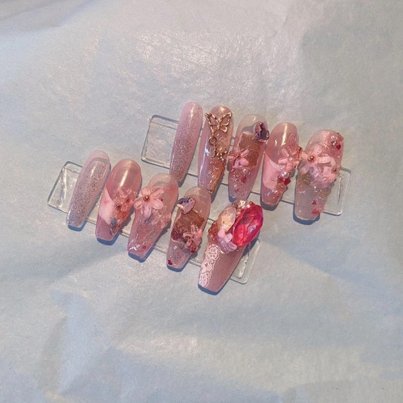 Flower Fairy Pink Butterfly Diamond Nails Hand Painted - Etsy