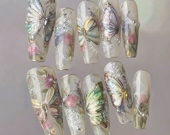 Greenhouse garden-Hand-painted silver butterfly delicate spring watercolor luxury floral wedding nails handmade press on nails-Dorisnails