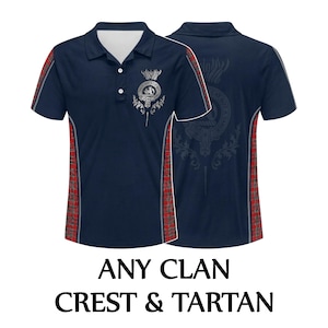 May include: Navy blue polo shirt with red and grey tartan detailing on the sides and sleeves. It has a clan crest design on the front and back. The text "ANY CLAN CREST & TARTAN" is displayed at the bottom.
