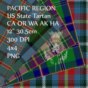 Peut inclure: Un téléchargement numérique d'une image PNG de 30,5 cm par 30,5 cm, 300 DPI, 4x4 d'un motif de tartan représentant les États américains de Californie, de l'Oregon, de Washington, de l'Alaska et d'Hawaï. L'image est intitulée "PACIFIC REGION US State Tartan CA OR WA AK HA 12" 30.5cm 300 DPI 4x4 PNG".
