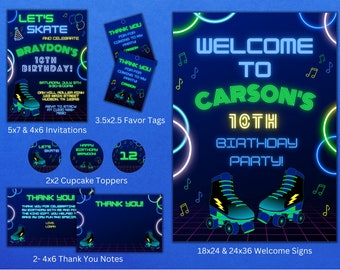Roller Skating Birthday Party Template Bundle (Canva)