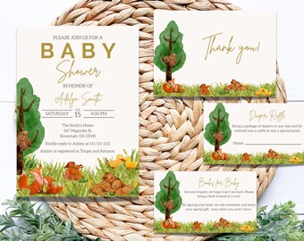 Op de afbeelding: Een set van vier babyborrelkaarten met een bosmotief. De kaarten bevatten een aquarelillustratie van een bos met een vos, een eekhoorn en een beer. De tekst op de kaarten is "Baby Shower", "Bedankt", "Luierspel" en "Boeken voor Baby".