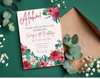 Tropical Luau Birthday Invitation Template: Editable Hawaiian Party (Canva)