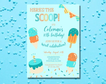 May include: A blue and white birthday invitation with a scoop of ice cream, a popsicle, and a birthday cake. The invitation says "Here's the Scoop! It's Coleman's 10th birthday! Join us for a sweet celebration!" and includes the date, time, and location of the party.