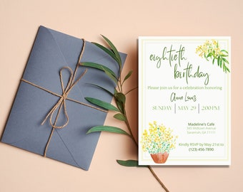 Plantilla de invitación floral de cumpleaños: Flores amarillas editables (descarga digital)