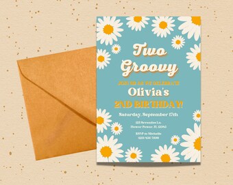 Two Groovy 2nd Birthday Invitation: Daisy Theme (Editable Template, Instant Download)