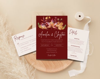 Elegant Fall Wedding Invitation Template: DIY Autumn Leaves (Canva Editable)