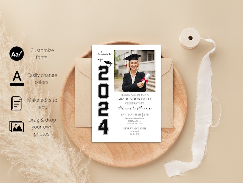 Graduation Digital Invitation Template, Grad Announcement, Graduation Party, Graduation Invite, Class of 2024, Editable, Instant Download image 2