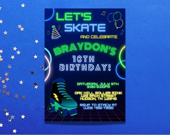 May include: Neon green and blue birthday party invitation with a roller skate, text that says "Let's Skate and Celebrate Braydon's 10th Birthday!" and details for the party.