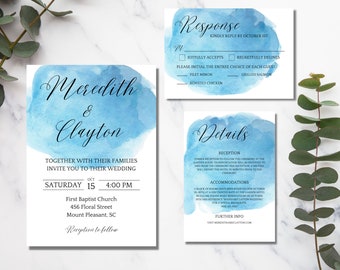 Ensemble de modèles d'invitation de mariage bleu poussiéreux, invitations de mariage modifiables et élégantes, invitations de mariage avec RSVP, invitation de mariage d'hiver