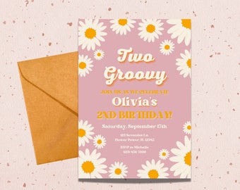 Two Groovy 2nd Birthday Invitation: Daisy Theme (Editable Template, Instant Download)