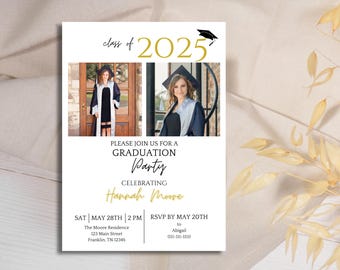 Könnte beinhalten: Eine weiße Einladung zur Abschlussfeier mit goldenen Akzenten. Das Design enthält zwei Fotos des Absolventen, den Text "Klasse von 2025" und Details zur Veranstaltung, einschließlich des Namens des Absolventen.