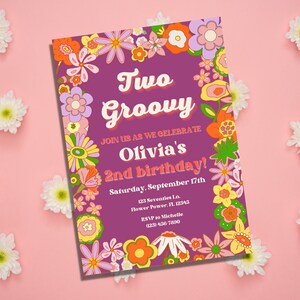 Zwei groovige Einladung, 2. Geburtstagseinladung, Retro Geburtstagseinladung, bearbeitbare Vorlage, Sofort Download, Hippie Geburtstag, printable
