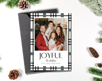 Plaid Christmas Photo Card Template: Joyful Holiday Card (Instant Download)