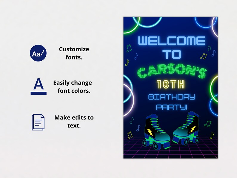 Editable Roller Skating Birthday Welcome Sign Template (digital ...