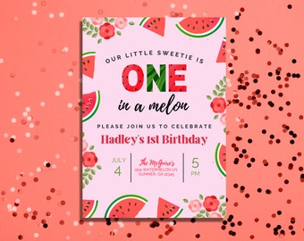 Watermelon 1st Birthday Invitation: Editable Canva Template