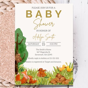 Waldtiere Babypartyeinladung, Waldtiere Babypartyeinladung, bearbeitbare Vorlage, Waldtiere, geschlechtsneutral, printable, Canva