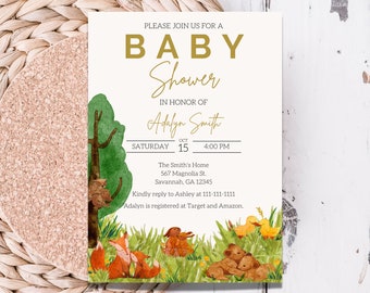 Woodland Animals Baby Shower Invitation, Woodland Baby Shower Invitation, Editable Template, Forest Animals, Gender Neutral, Printable,Canva