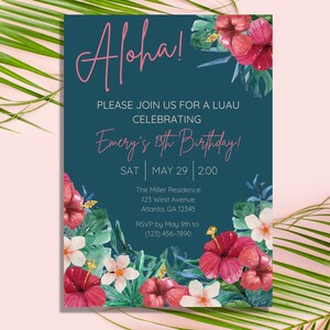 Luau Birthday Invitation Template, Tropical Birthday Invitation, Hawaiian Party Invitation, Aloha Birthday Invitation, Editable, Canva