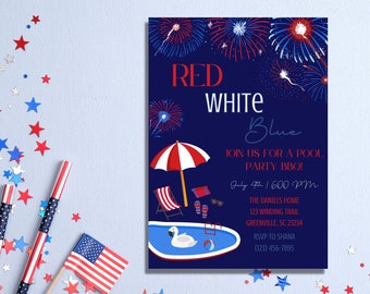 Editable 4th of July Pool Party BBQ Invitation (Canva Template)