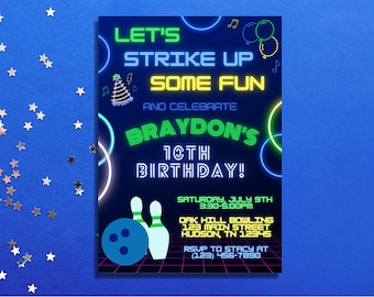 Bowling Birthday Invitation: Editable Party Template (Canva)