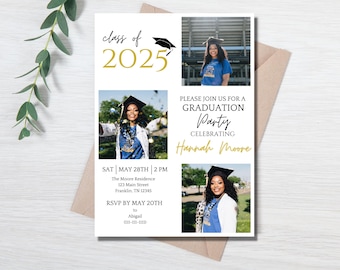 Könnte beinhalten: Einladung zu einer Abschlussfeier mit einem Schwarzweißfoto einer Frau in Kappe und Robe. Die Einladung enthält den Text "class of 2025", "Graduation Party", "Celebrating Hannah Moore" sowie Datum und Uhrzeit der Feier.