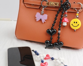 Adorable mushroom bag charm,Colorful natural stone beaded bag charm,Big happy face bag charm,Smiley face Personalized bag charm