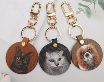 Custom Pet Keychain,Hand-Painted Leather Pet Portrait Bag tag,Custom Dog bag charm,Leather cat bag charm,Unique Personalised Gift