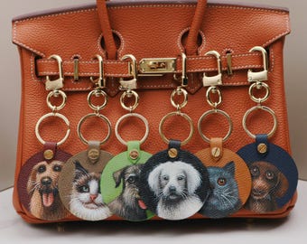 Custom Hand-Painted  Leather Dog Bag Charm,Pet Portrait Keychain, Pet Portrait Dog/Cat Memorial Gift Bag Tag Leather Luggage Tag