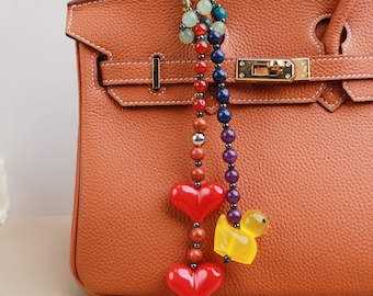 Adorable duck red hearts bag charm, bag and purse charm,duck natural stone bag charm, ducky bag charm,Unique Gifts For Friends/Bridesmaids