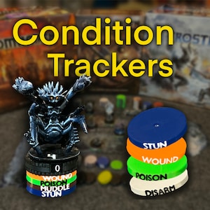 May include: A set of colorful condition trackers for tabletop games. The trackers are made of plastic and have different conditions printed on them, such as "Stun", "Wound", "Poison", and "Disarm".