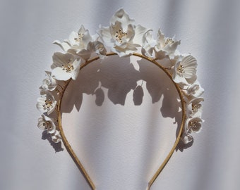 Clay Flowers Tiara, Floral Crown, Bridal Headpiece, Bridal headband,Bridal Accessory,Porcelain Flowers Bridal,Ceramic Flower Headband