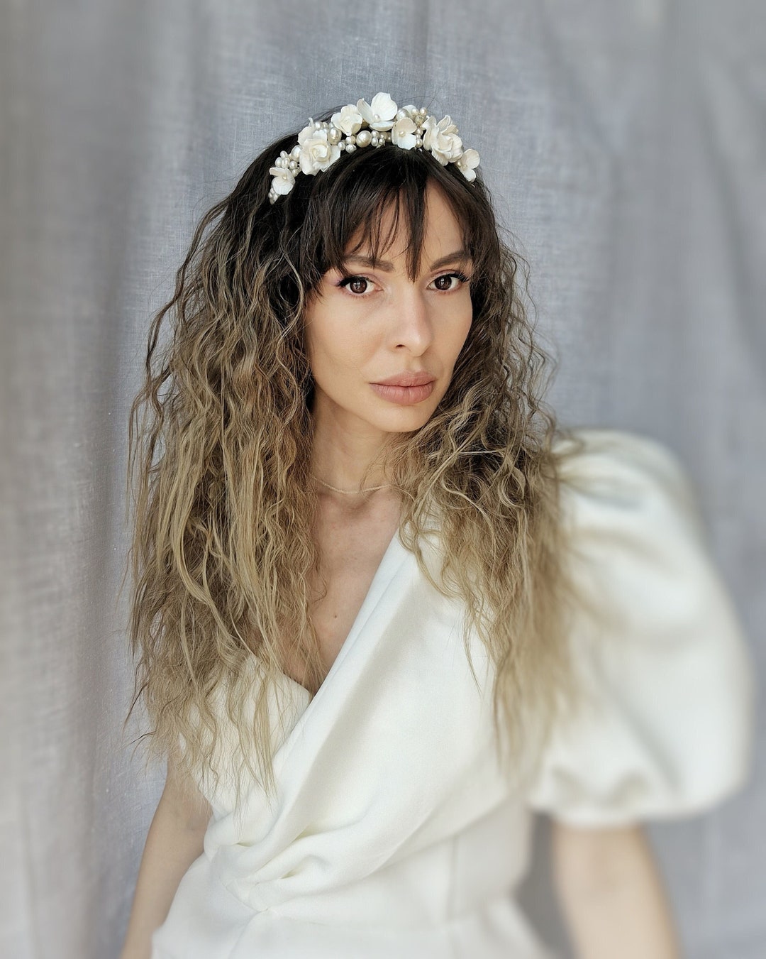 Clay Flowers Tiara, Flower Crown Bridal Headpiece, Bridal Headband