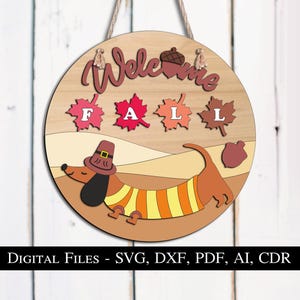 Dachshund Fall Autumn Door Hanger Dog Animal SVG Glowforge Welcome Circle Door Hanger Laser Cut Wall Decor SVG Home Art Decor Acorn